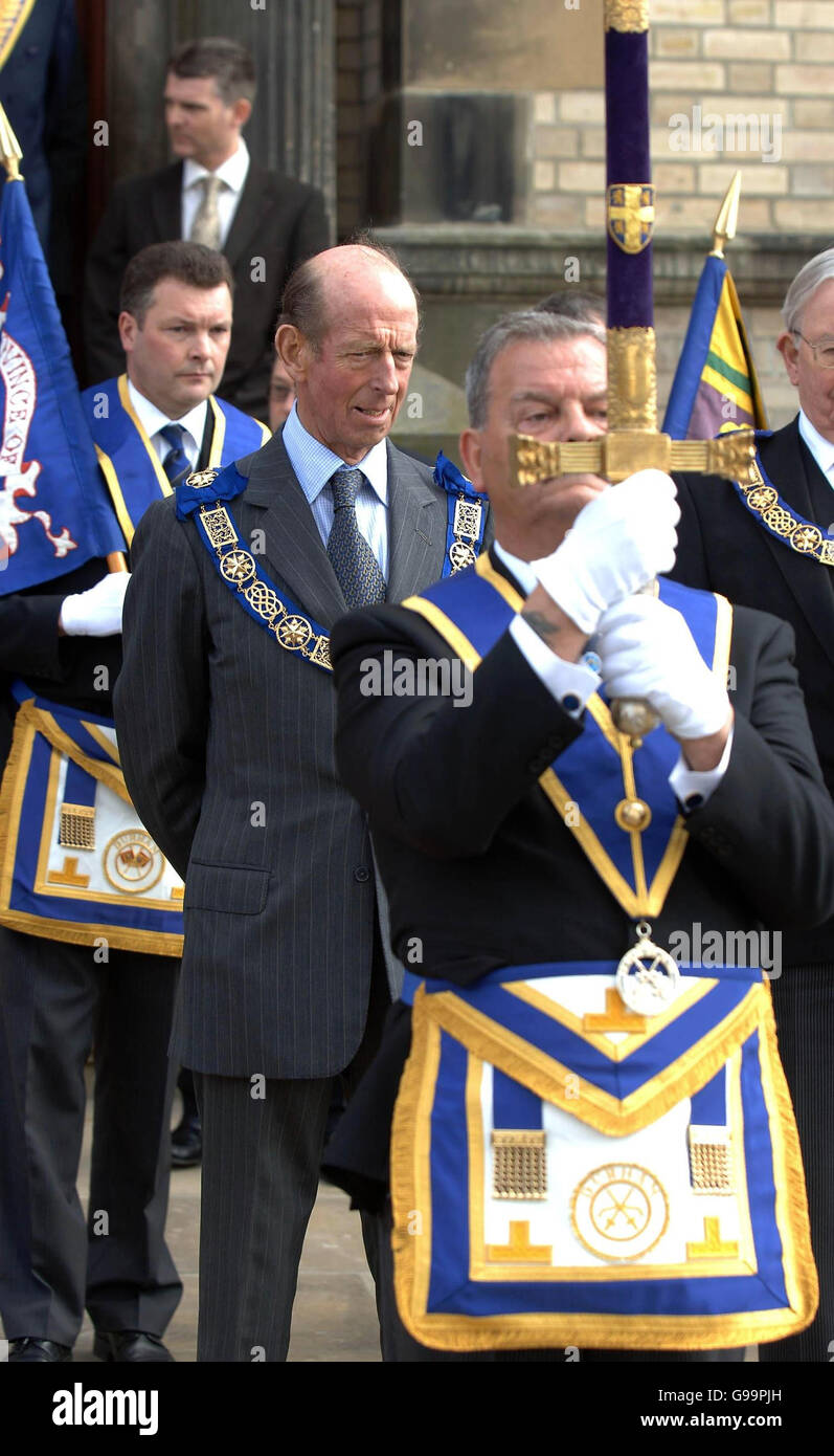 The Duke of Kent, The Grand Master of the Freemasons (centre), at the opening of the Beamish Masonic Hall at the North of England Open Air Museum in County Durham. Stock Photo