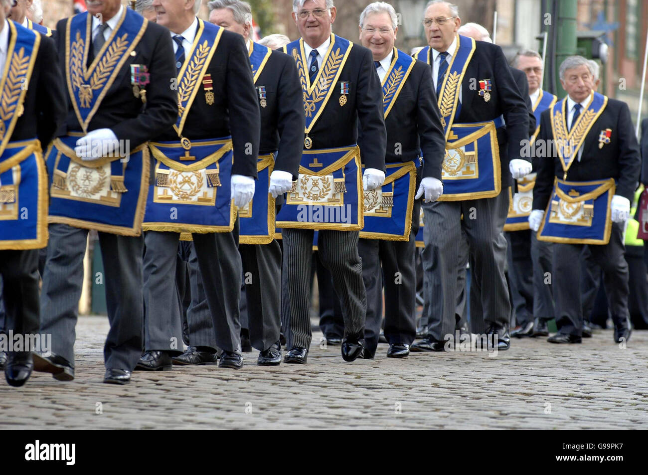 Masons march in a procession to mark the opening of the Beamish Masonic Hall at the North of England Open Air Museum in County Durham. Stock Photo