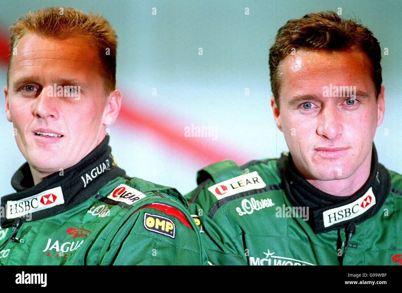 Johnny Herbert (l) and new Jaguar teammate Eddie Irvine (r Stock Photo