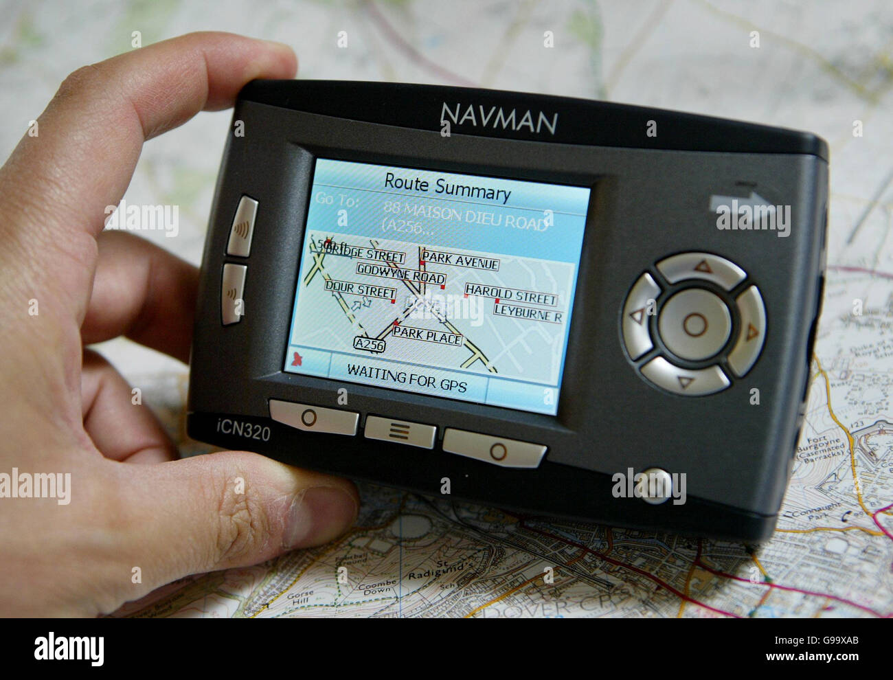 An in-built satellite navigation system, sat nav in a car. Stock Photo