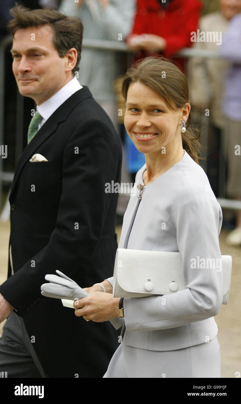 Lady Sarah Chatto with her husband Daniel arrive for the wedding of Harry Lopes to Laura Parker Bowles at St Cyriac's Church in Lacock, Wiltshire. Stock Photo