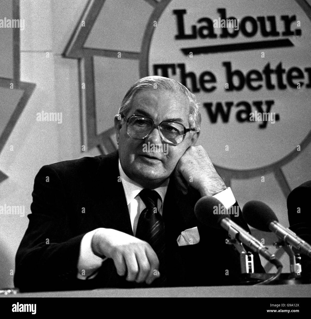 The Prime Minister, Mr James Callaghan at a press conference at Transport House in London, as the General Election enters its final week. Mr Callaghan issued a final message for Labour candidates in which he plugged LAbour's message that the Tories had'promised more then they can deliver'. Stock Photo