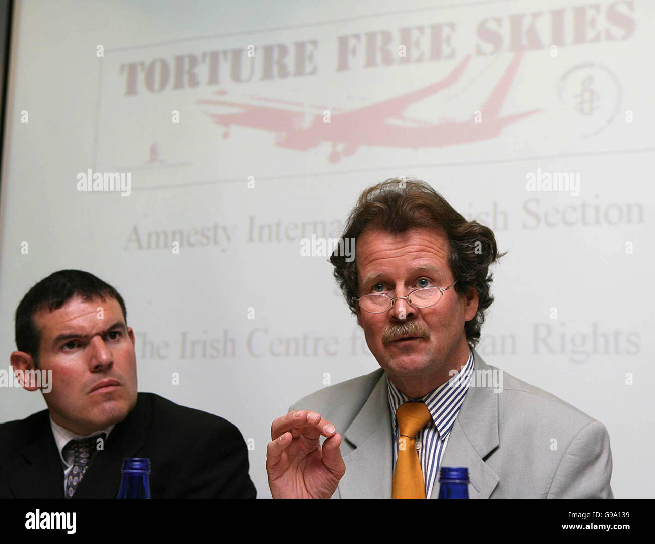 (l-r) Colm O'Cuanachain, Secretary General of Amnesty International Ireland, Manfred Nowak, UN special Rapporteur on Torture, during a seminar on the duties of governments regarding extraordinary renditions. Stock Photo