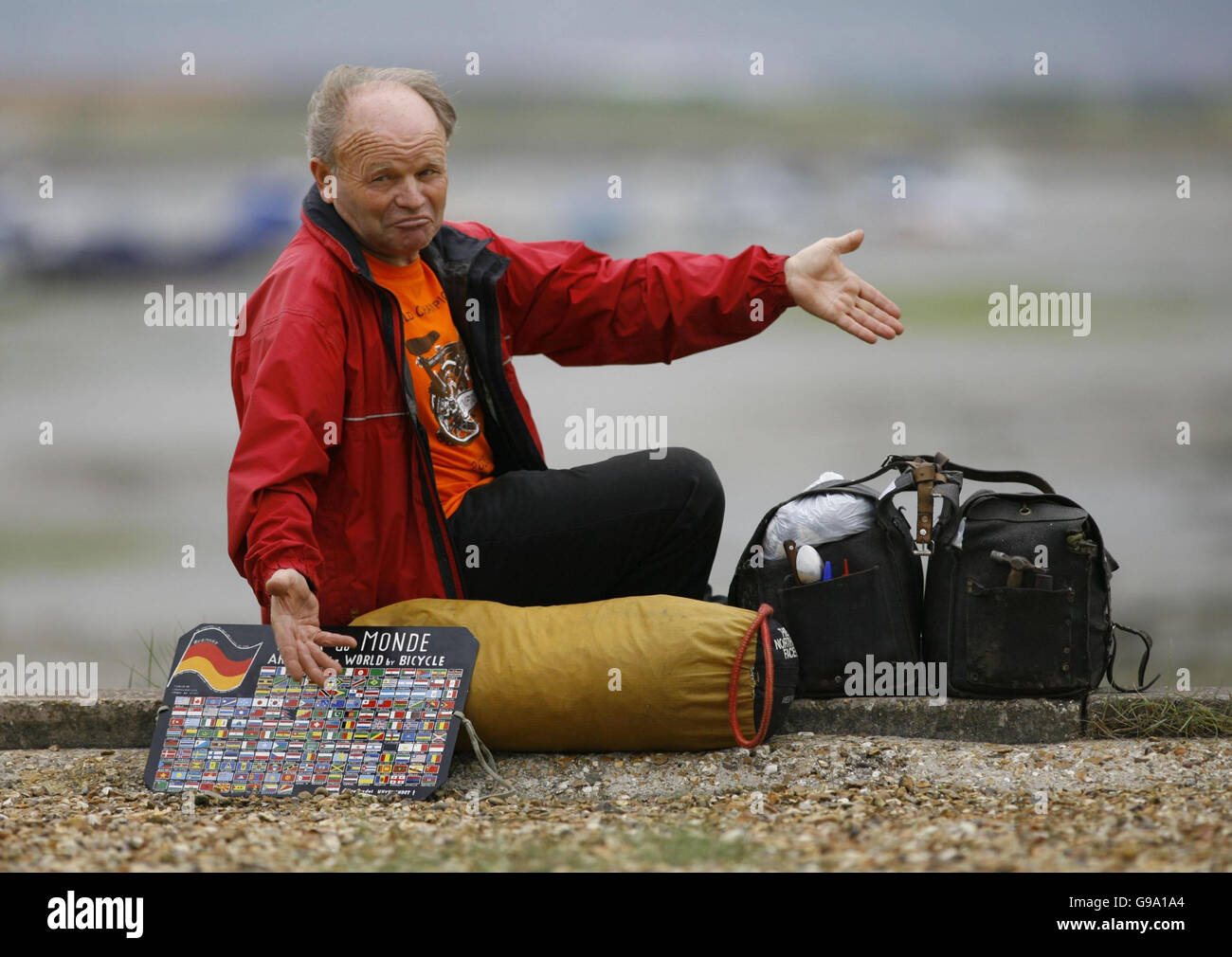 German cyclist Heinz Stucke on the beach in Portsmouth, where his bike was stolen within hours of arriving in the UK as he slept in his tent. Stock Photo