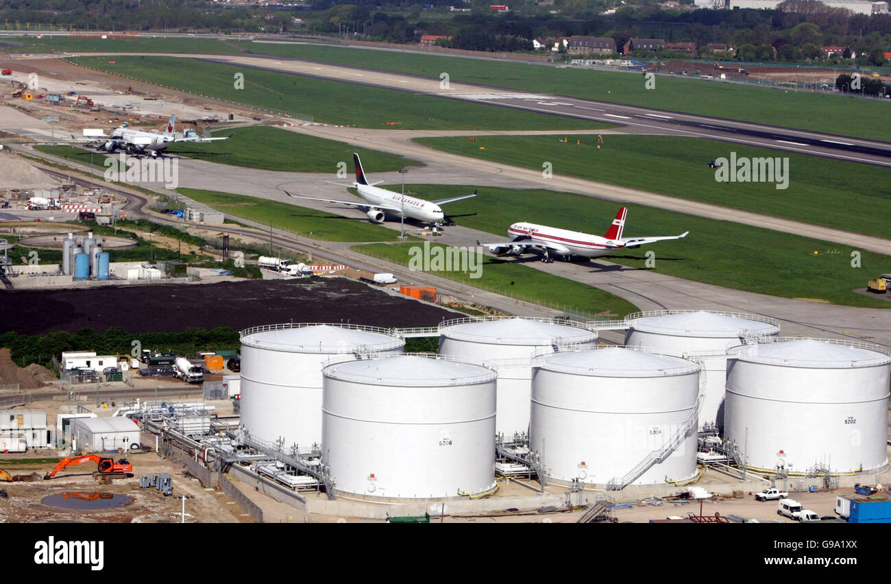 A view from the new air traffic control tower in the centre of Heathrow Airport of Terminal 5. The new contol tower will come in to use around the winter of 2006-7. Stock Photo