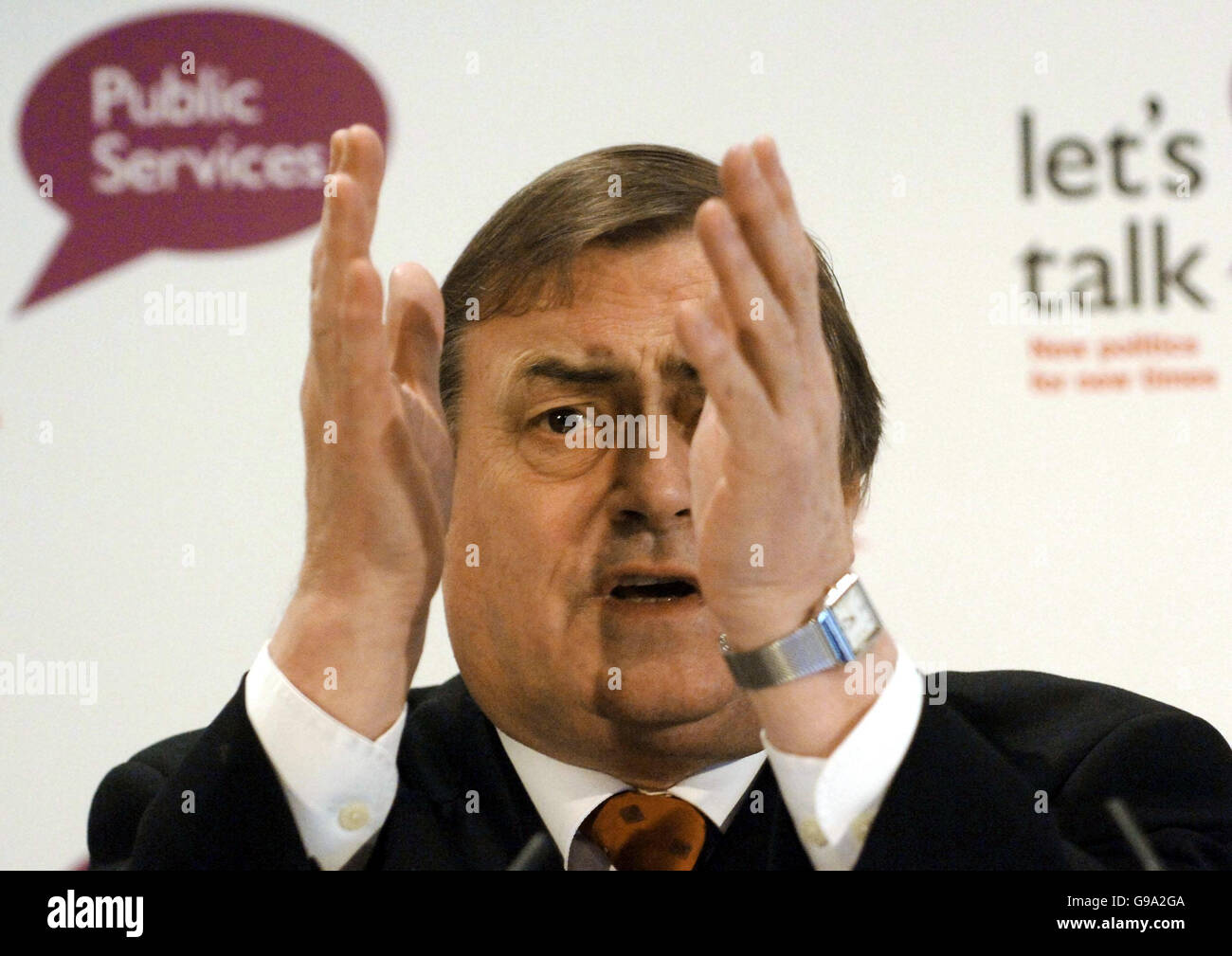Deputy Prime Minister John Prescott speaks to public service leaders and workers at the launch of the Labour Party's new 'Lets Talk' initiative in London today. Stock Photo