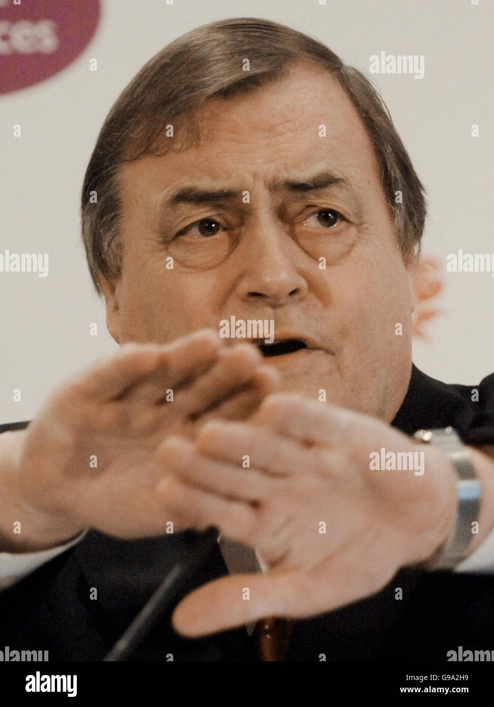 Britain's Deputy Prime Minister John Prescott address public service leaders and workers at the launch of the Labour Party's new 'Lets Talk' initiative in London. Stock Photo
