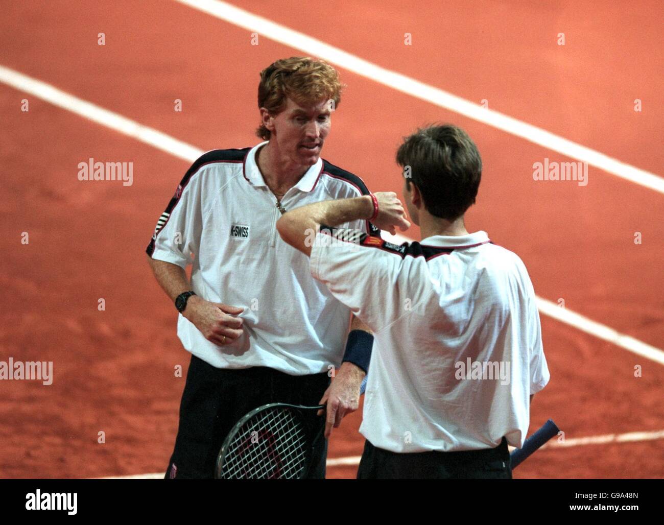Australian doubles pair Mark Woodforde and Todd Woodbridge congratulate eachother Stock Photo