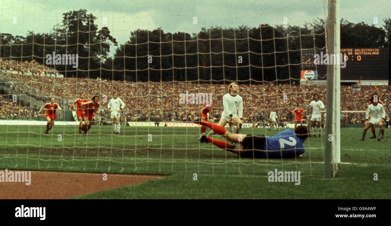 Poland goalkeeper Jan Tomaszewski saves a penalty from West Germany's Uli Hoeness Stock Photo