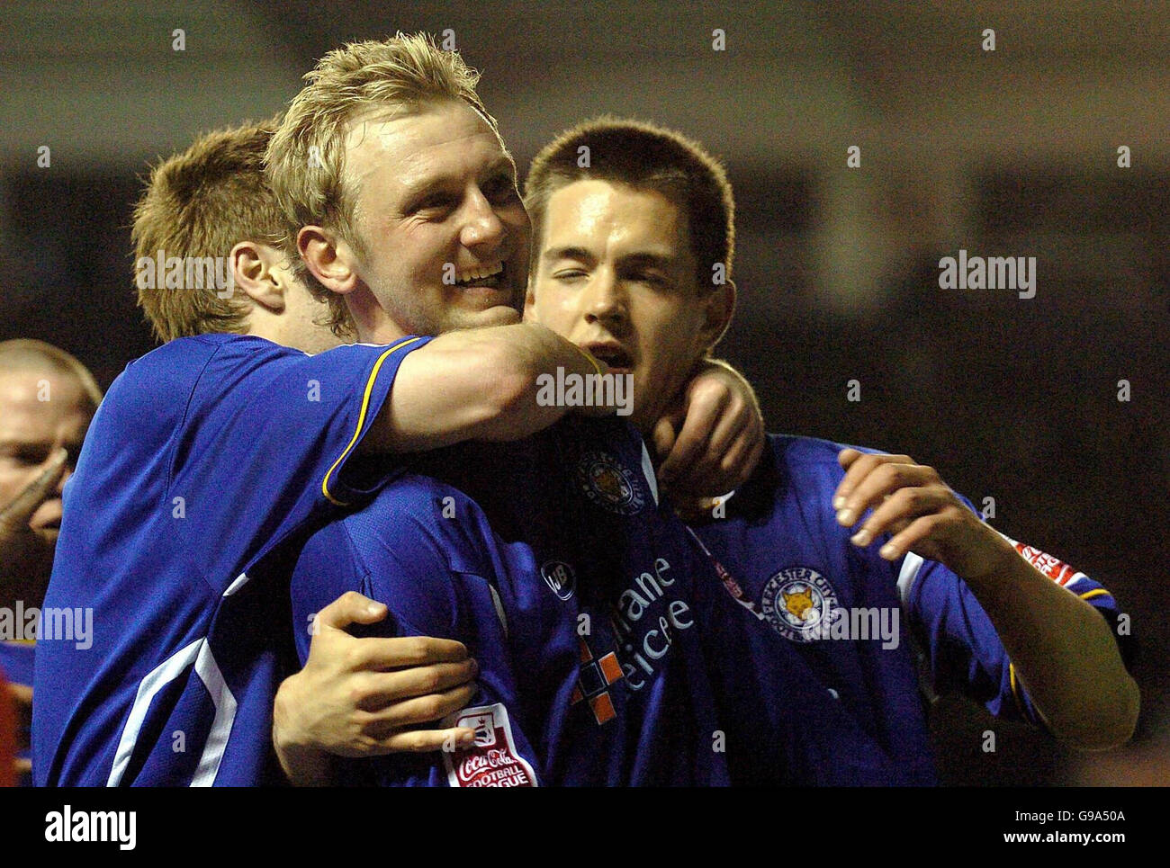 Leicester City's Stephen Hughes is congratulated by team mates after scoring during the Coca-Cola Championship match against Crystal Palace at the Walkers Stadium, Leicester, Friday April 7, 2006. Stock Photo