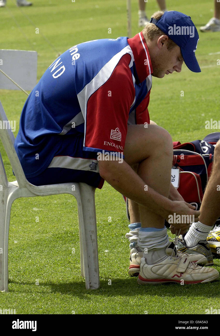 England captain Andrew Flintoff sits out of a net session at the Keenan Stadium, Jamshedpur, India. Stock Photo