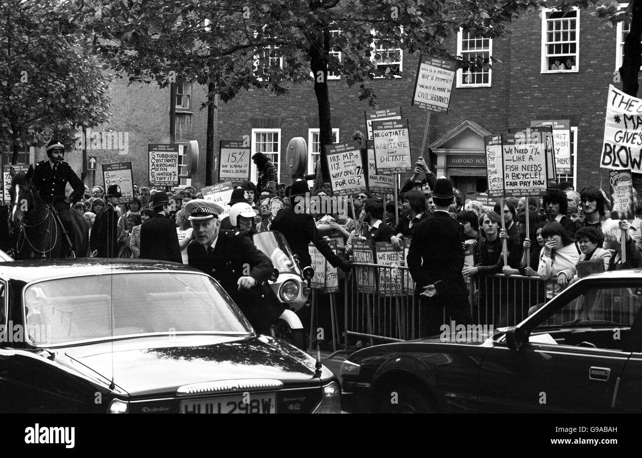 The Prime Minister's car after three eggs were thrown when Margaret Thatcher arrived at a reception for party workers. Police arrested three men and were booed by a crowd of jeering protesters as they led them away. Stock Photo