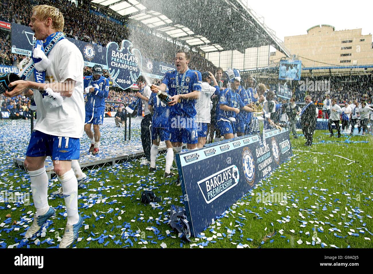 Chelsea's John Terry sprays celebrates by spraying champagne Stock Photo