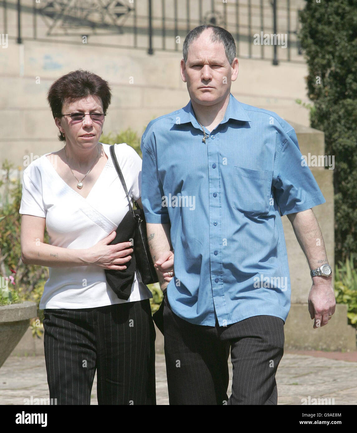 George Jackson, 44, arrives at Burnley Magistrates Court with his wife where he is accused of shouting racist abuse at Wolverhampton Wanderers footballer Paul Ince. Stock Photo