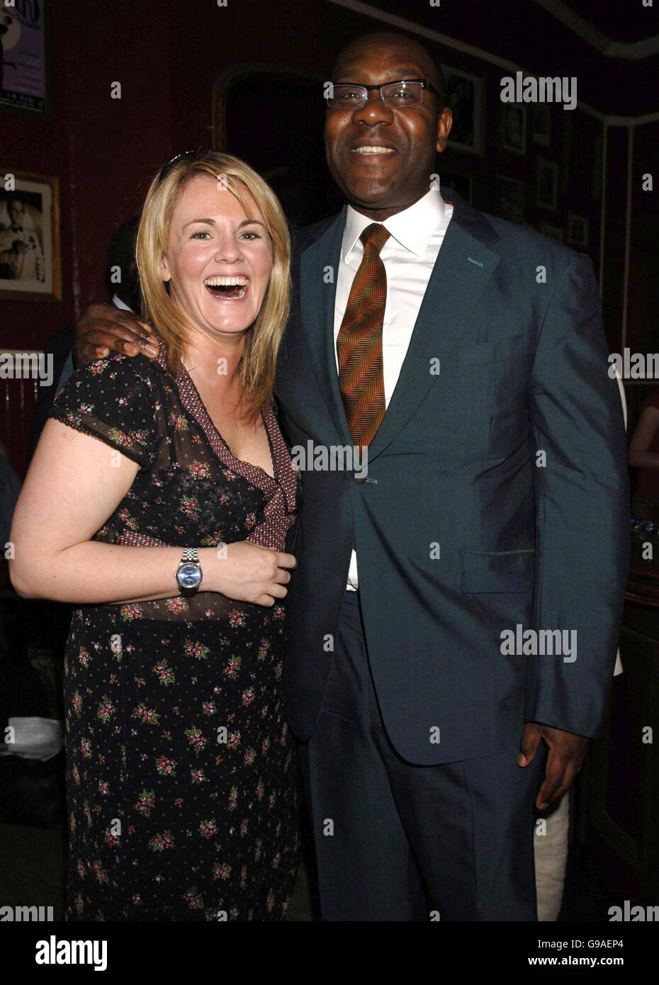 Sally Lindsay and Lenny Henry arrive for the first night of the play 'Road To Nirvana', at The King's Head theatre in Islington, north London. Stock Photo