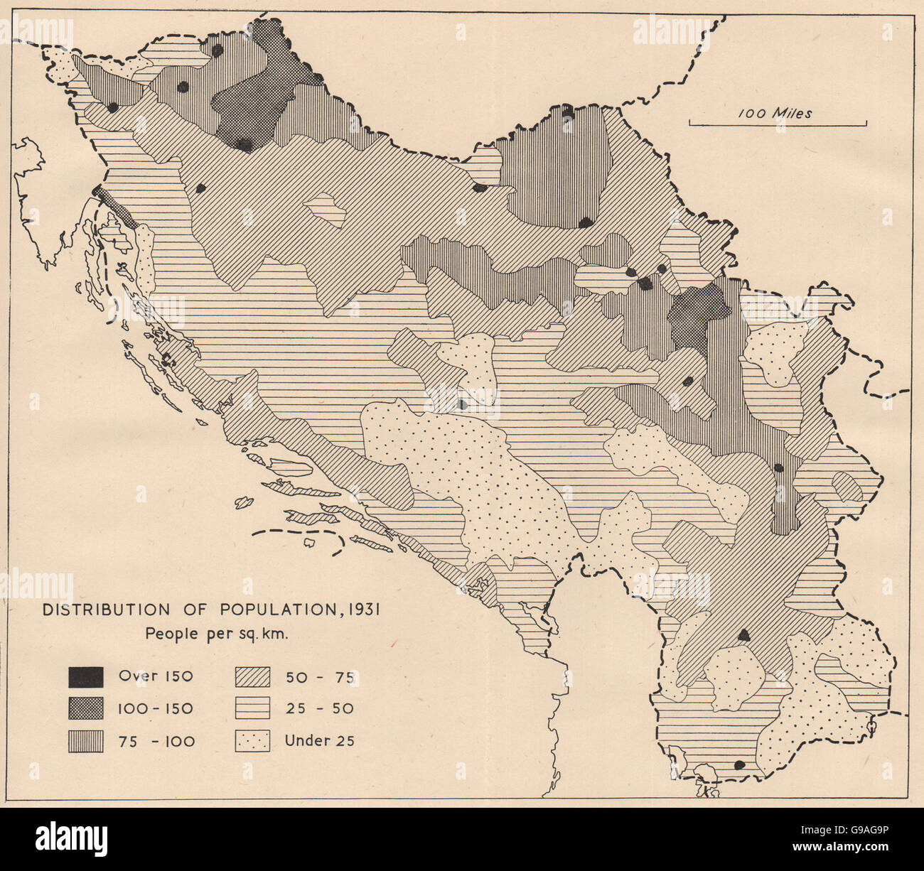 YUGOSLAVIA: Population density, 1931. WW2 ROYAL NAVY INTELLIGENCE MAP, 1945 Stock Photo