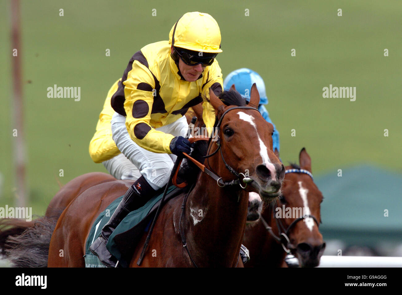 (From L-R) Before You Go ridden by I Mongan wins the Weatherbys Bank Blue Riband Trial Stakes Stock Photo