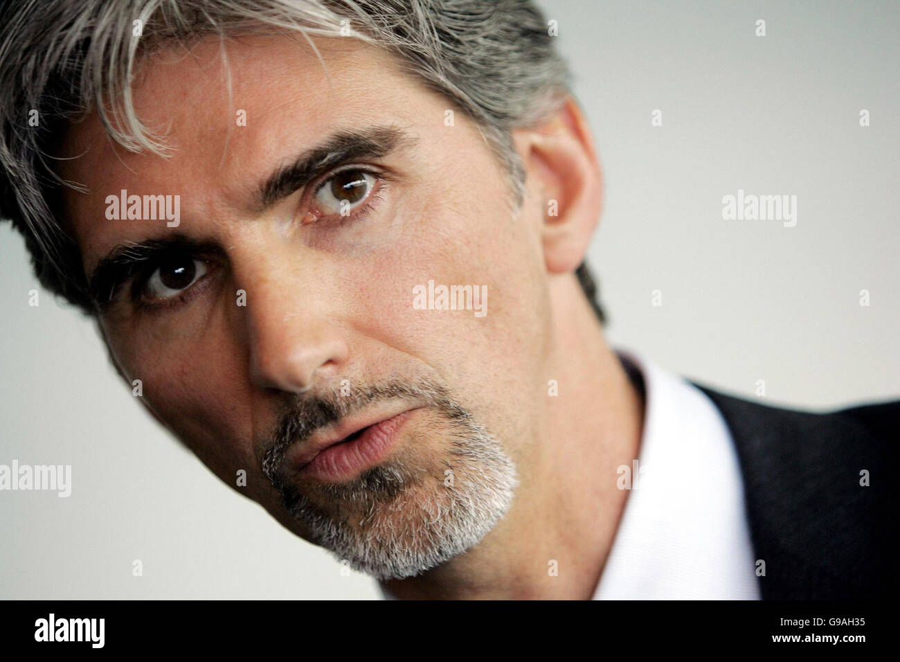 Former world champion Damon Hill during a press conference to announce that he will be the successor to Sir Jackie Stewart as the new President of the British Racing Driver's Club at Silverstone. Hill is the son of Motor Racing legend Graham Hill, and also winner of the 1996 Formula One World Championship. Stock Photo