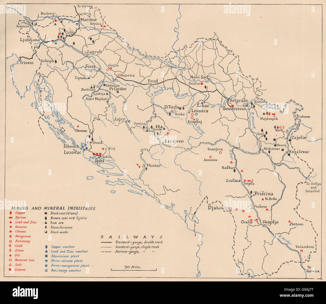 YUGOSLAVIA: Mining & mineral industries. WW2 ROYAL NAVY INTELLIGENCE MAP 1945 Stock Photo