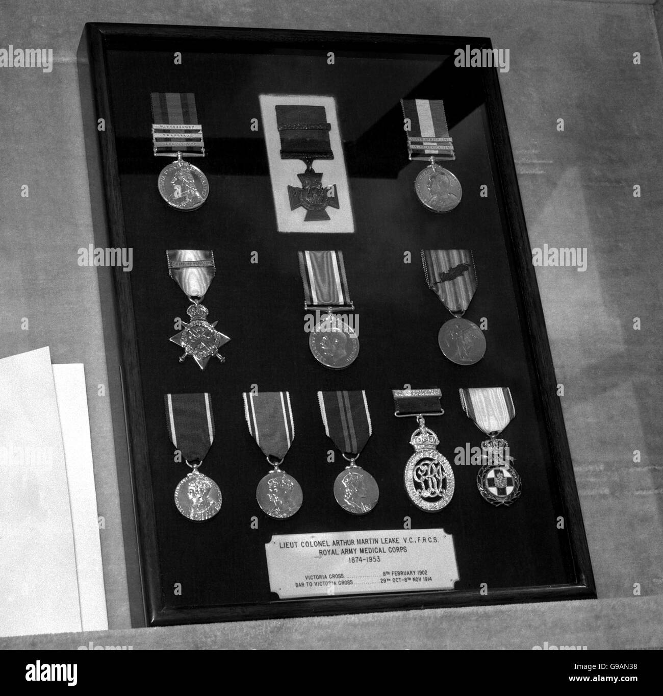The medals of Lieutenant-Colonel Arthur Martin-Leake, including his Victoria Cross and Bar, at the Royal Army Medical Corps Depot, Crookham, Hampshire. Martin-Leake was one of only three men to win the VC twice. He won his first at Vlakfontein on February 8, 1902, during the Boer War, and he won the bar to it near Zonnebeke in 1914, during the First World War. Stock Photo