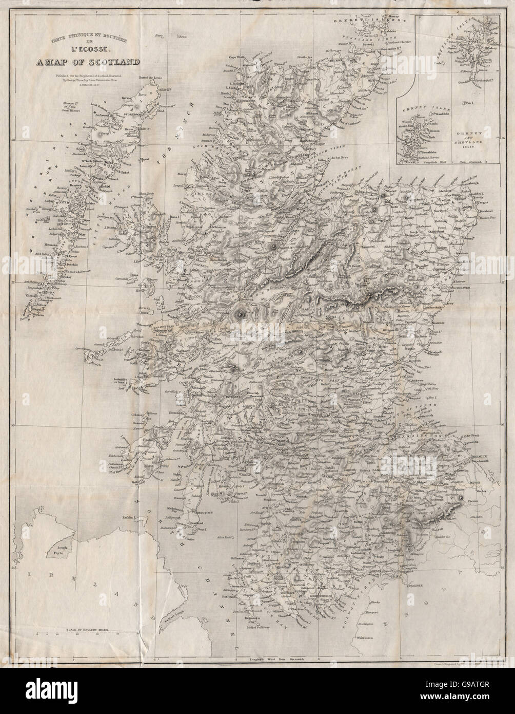 Carte Physique et Routière de l'Ecosse. A map of Scotland. STARLING, 1838 Stock Photo