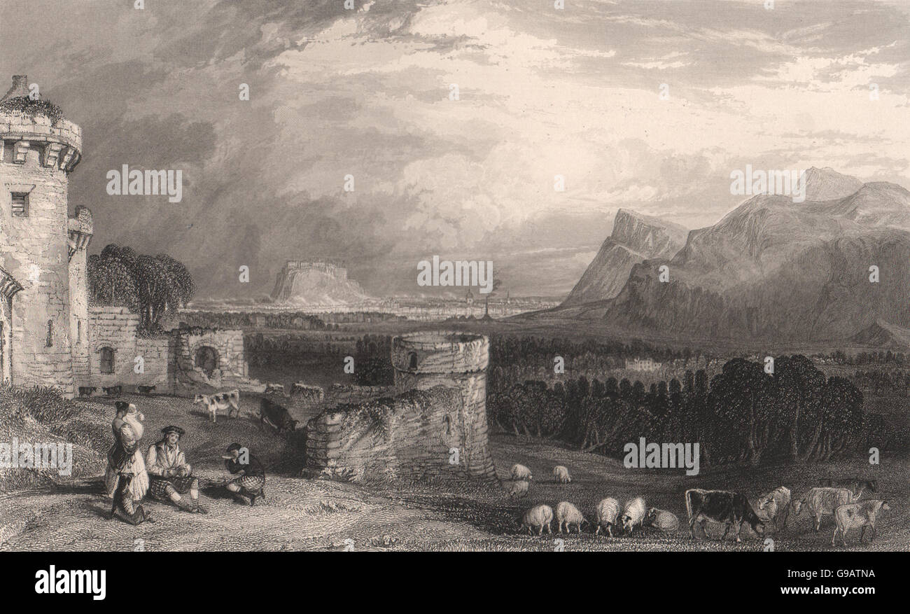 Edinburgh from Craigmillar Castle. Midlothian. Scotland. ALLOM, old print 1838 Stock Photo