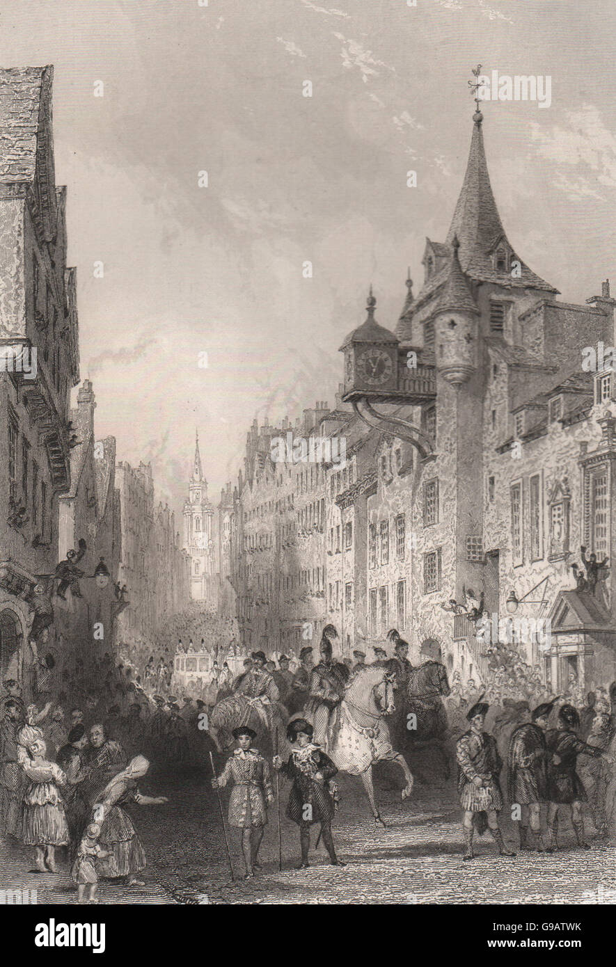 The Canongate, Edinburgh, during the procession King George IV, 1822. ALLOM 1838 Stock Photo