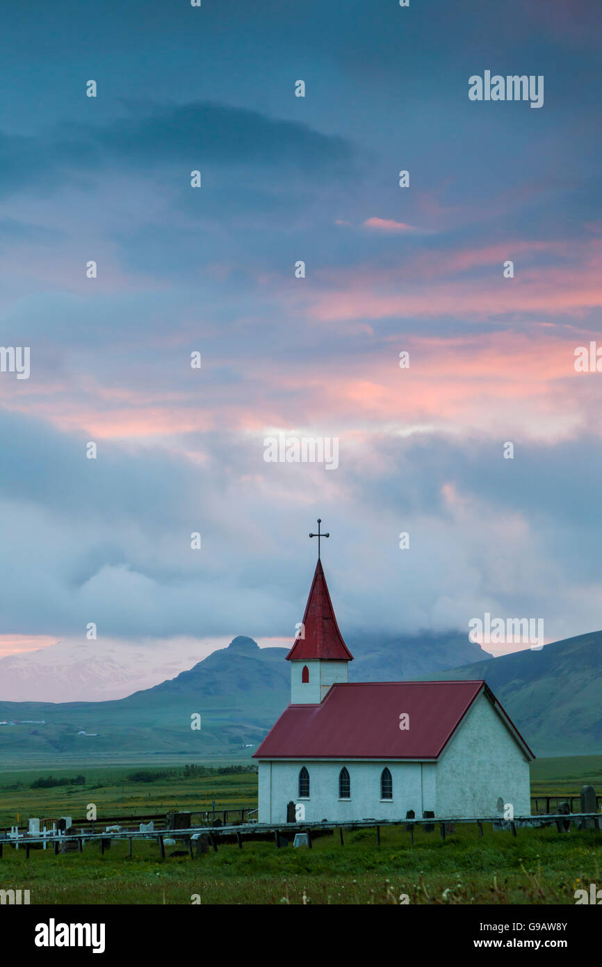 Sunset at Reyniskirkja church, Iceland. Stock Photo