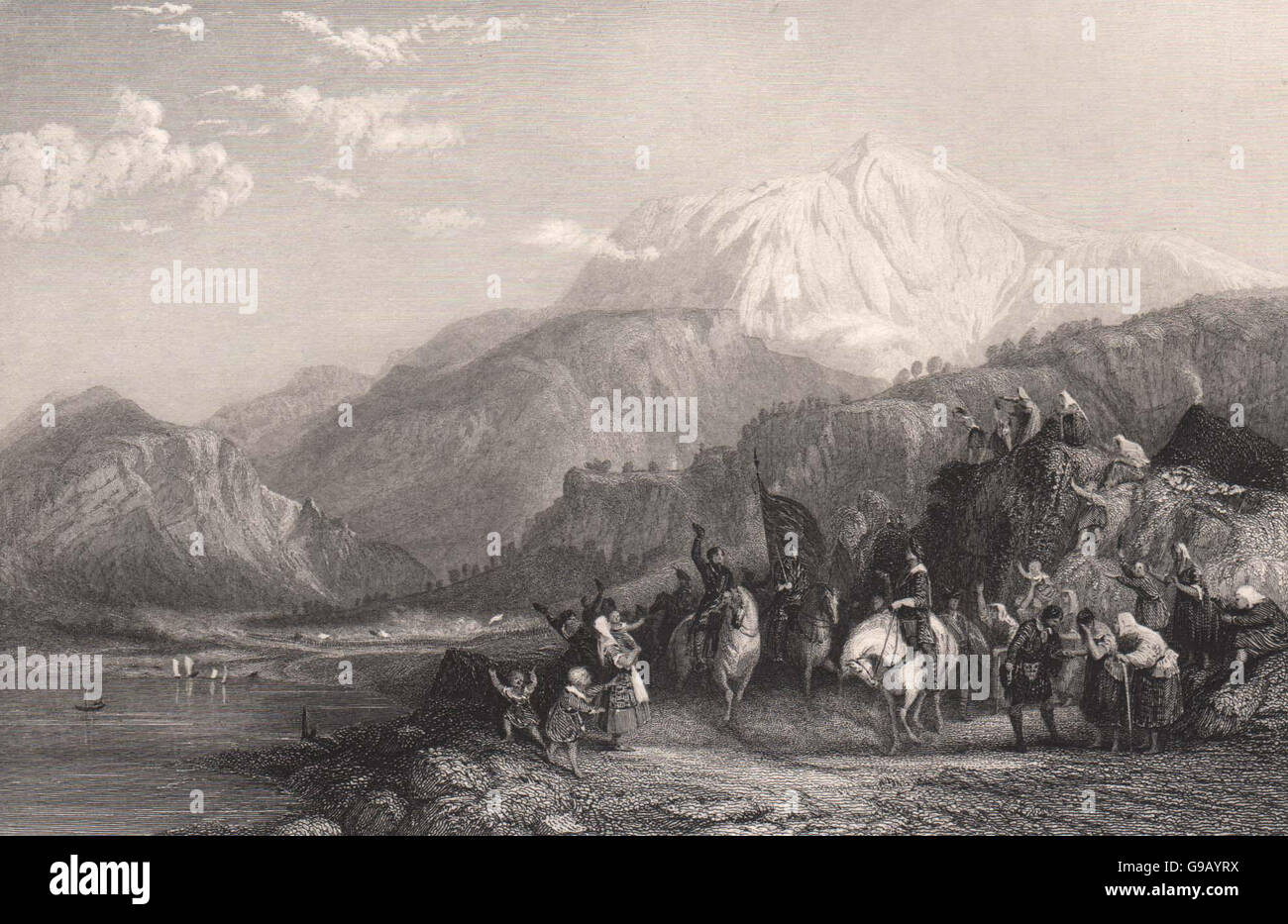Highland Army passing along Loch Eil 1746. Inverness-shire. Scotland. ALLOM 1838 Stock Photo