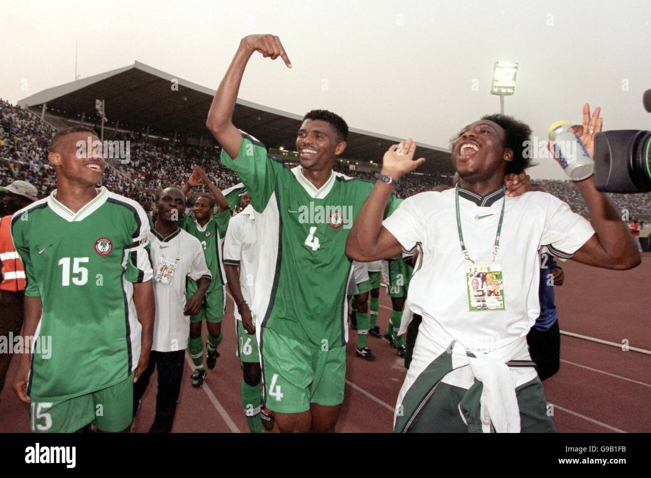 (l-r) Nigeria's Sunday Oliseh, Nwankwo Kanu and Daniel Amokachi celebrate reaching the final Stock Photo