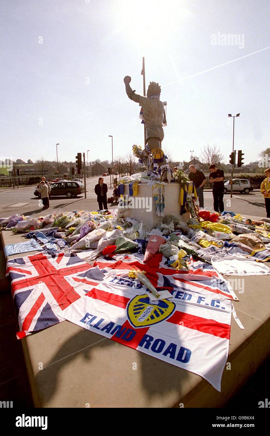 Soccer Tributes To The Two Leeds United Fans Murdered In Turkey. Flags are laid at the foot of