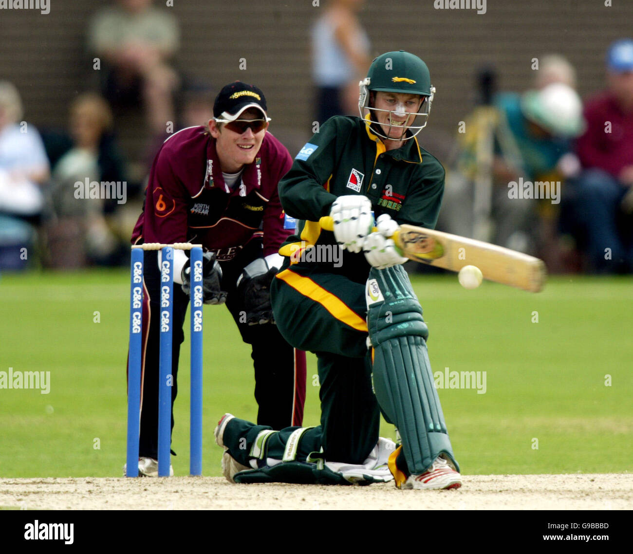 Leicestershire's Thomas New had an innings of 68 against Northamptonshire. Matthewus Wessels keeps wicket. Stock Photo