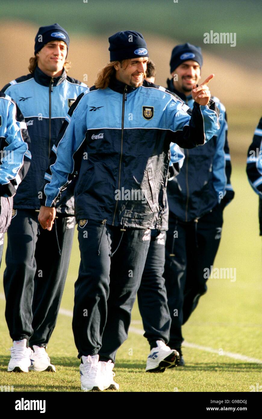Argentina's Gabriel Batistuta points out something amusing for his teammates Stock Photo