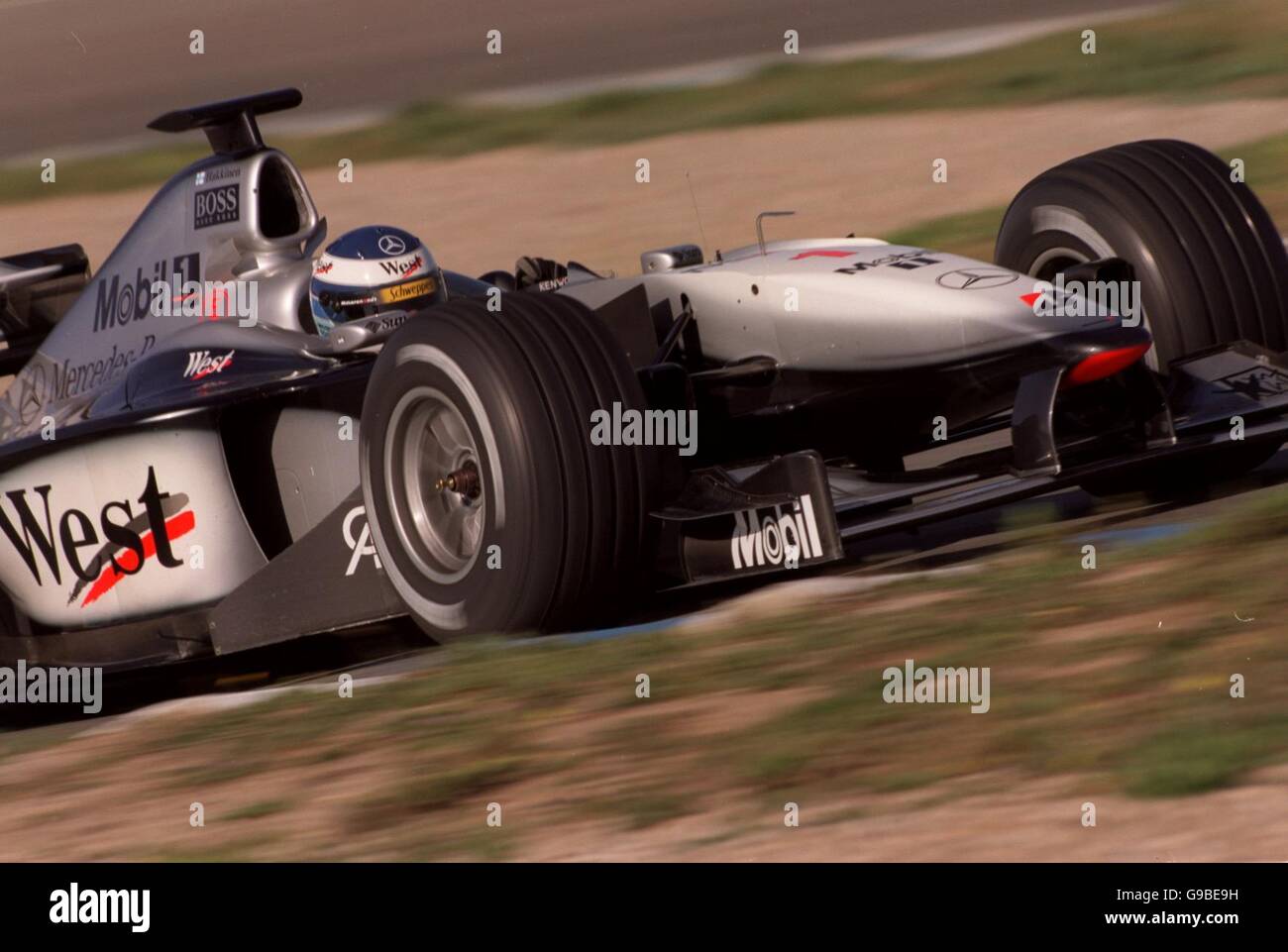 World champion mika hakkinen tests the new mclaren f1 car hi-res stock