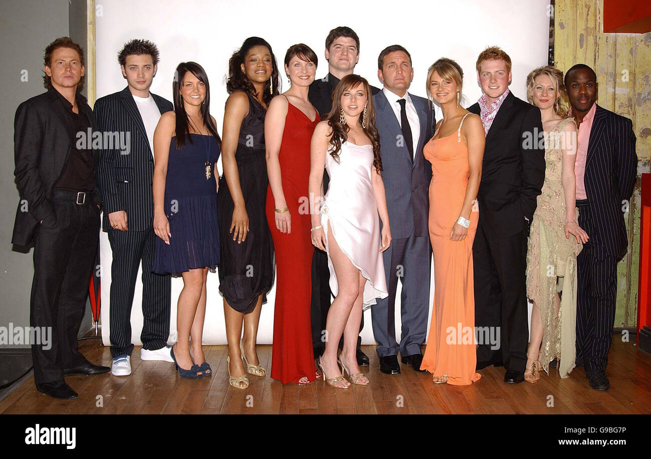 Members of the cast of EastEnders, from left; Joe Swash, Matt Di Angelo, Tiana Bejamin, Emma Barton, James Alexandrou, Louisa Lytton, Joel Beckett, Kara Tointon, Charlie Clements, Kellie Shirley and Mohammed George at the Cobden Club in west London before they attend the British Soap Awards. Stock Photo