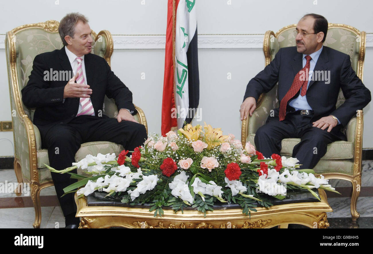 British Prime Minister Tony Blair meets with Nouri Al Maliki (right), the new Prime Minister of Iraq's National Unity Government, after arriving in Baghdad. Stock Photo