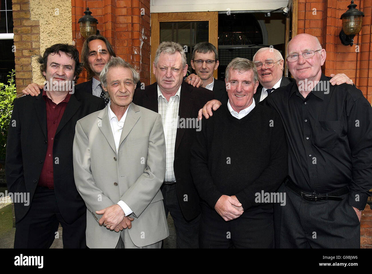 Members of the Birmingham Six and Guildford Four as well as other mourners (from the left) Gerry Conlon, Paul Hill, Paddy Hill, Nicky Kelly, Paddy Mulryan, Gerry Hunter, Billy Power and Johnny Walker gather in the Spa Well hotel after the funeral of Richard McIkenny at St Patrick's Church in Celbridge, Co Kildare, after he died in Dublin aged 73 following a long illness. Stock Photo