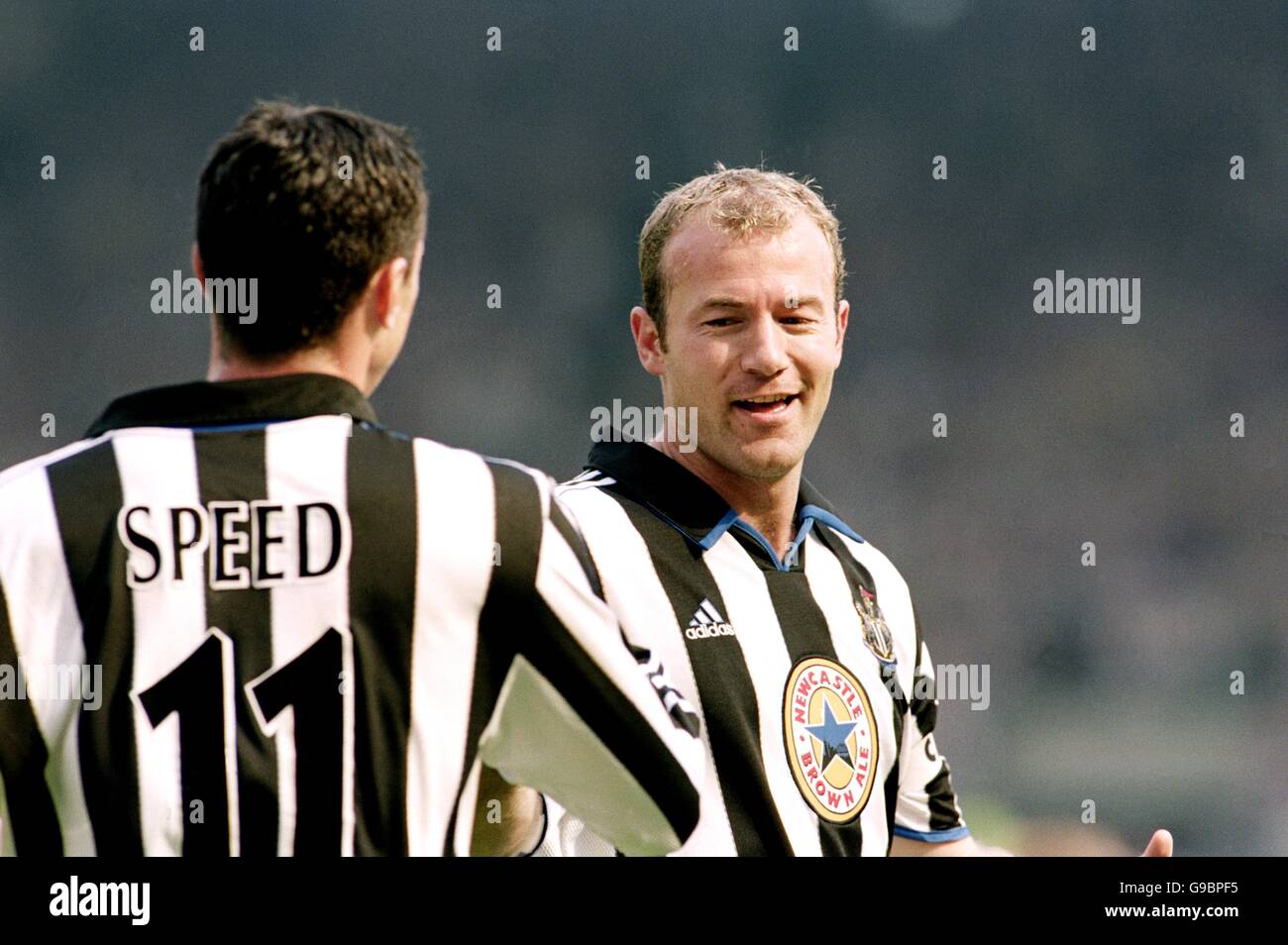 Newcastle United's Gary Speed (l) celebrates with Alan Shearer (r ...