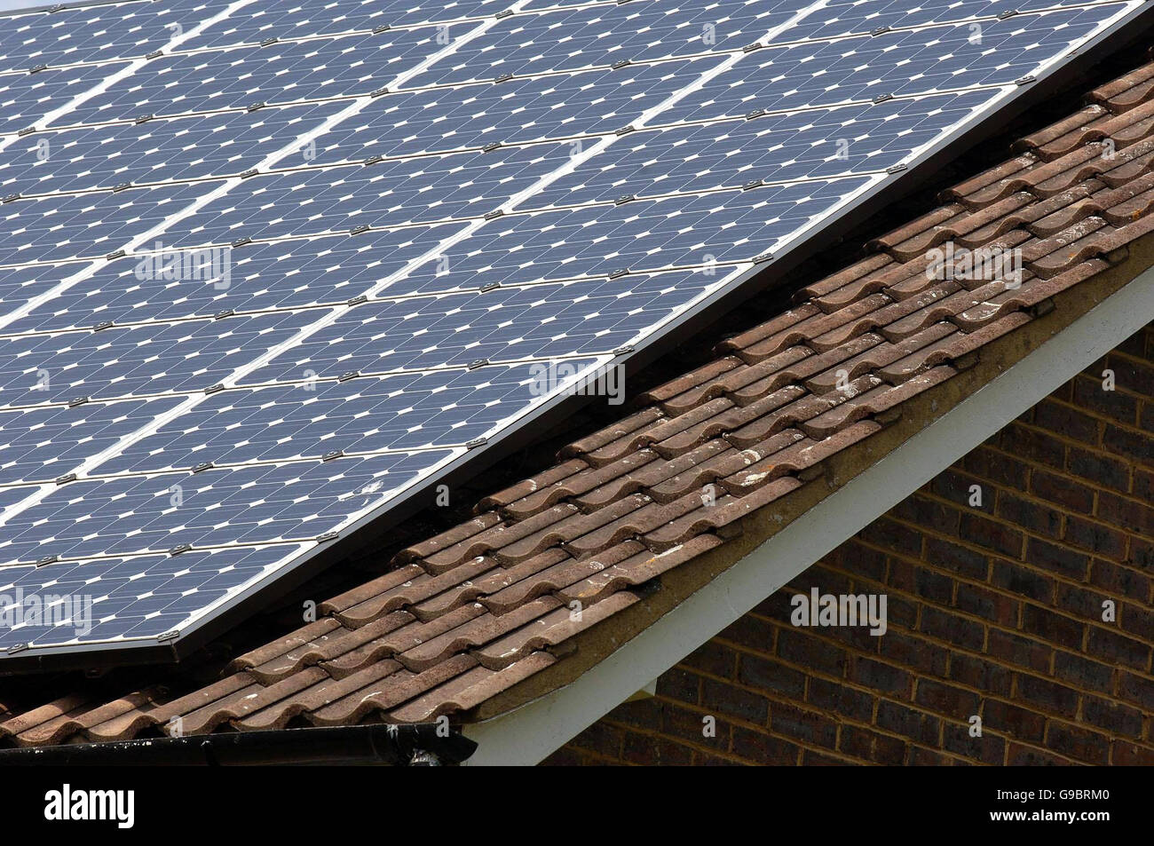 An old people's residential home in Bisley, Surrey, where the roof is covered in solar panels to save on heating bills and to help the enviroment. Stock Photo