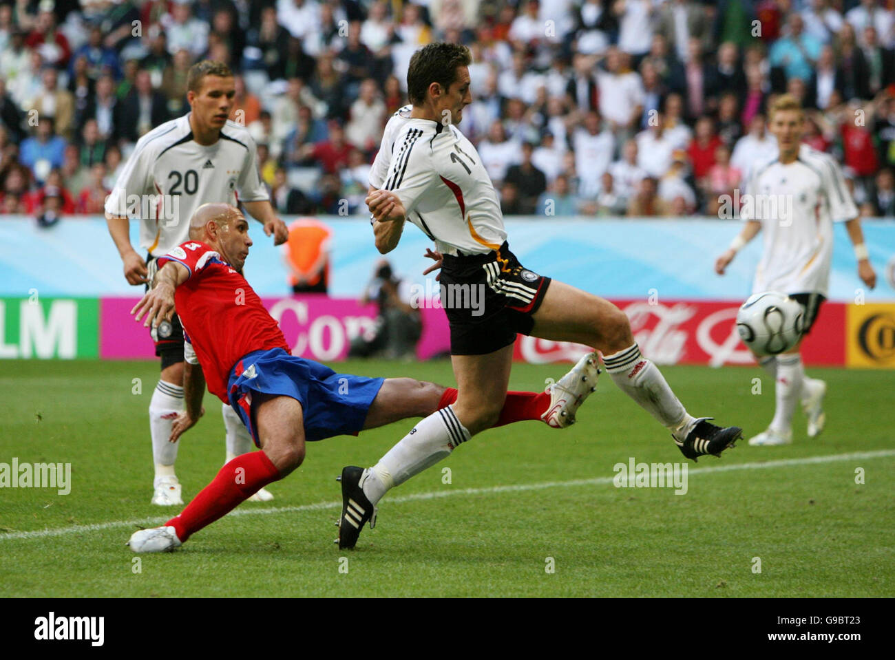 Germany's Miroslav Klose (C) scores the third goal against Costa Rica during the Group A World Cup match at the FIFA World Cup Stadium, Munich, Germany. Stock Photo