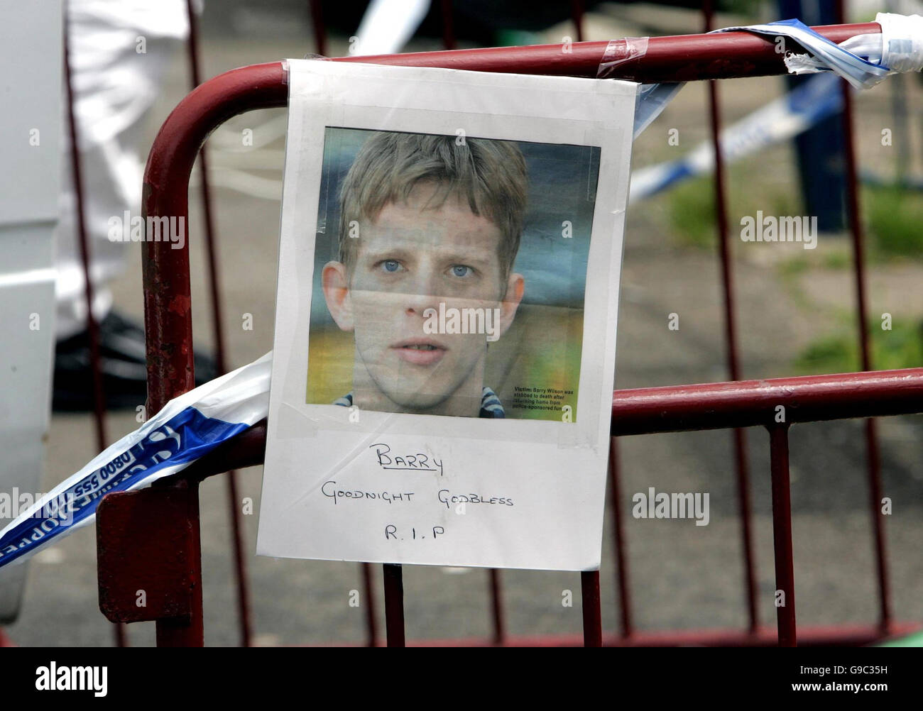 A picture of the victim of a stabbing, who was named locally as Barry Wilson, placed in Ilminster Avenue in Bristol at the scene where the 29-year-old father of three was stabbed as he was making his way home from a community fun day. Stock Photo