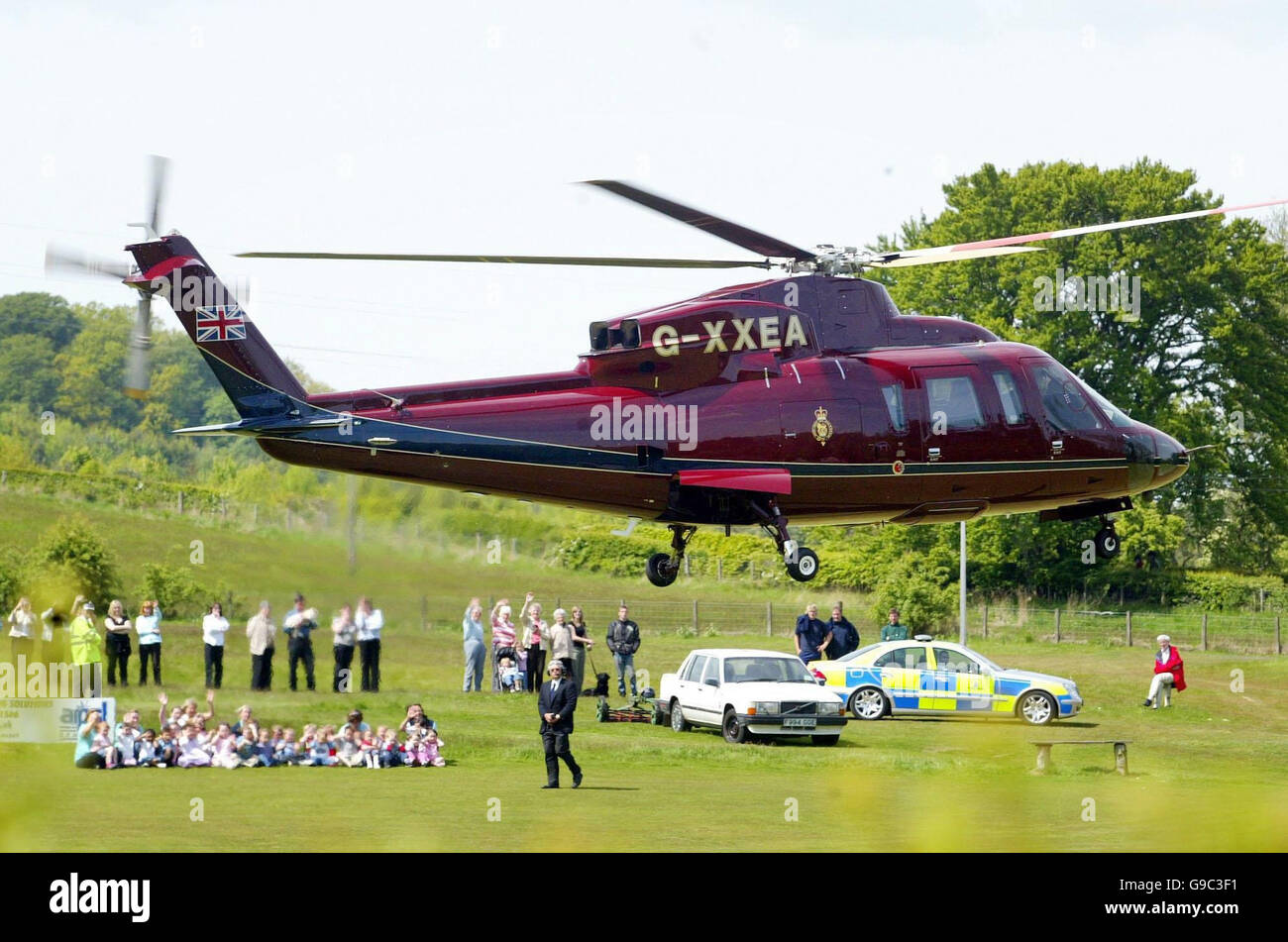 The royal helicopter leaves Borders General Hospital, Melrose, after The Duchess of Cornwall, who is president of The National Osteoporosis Society, and The Prince of Wales unveiled a plaque to formally open the Bone Densitometry Scanner facility at the hosptial. Stock Photo