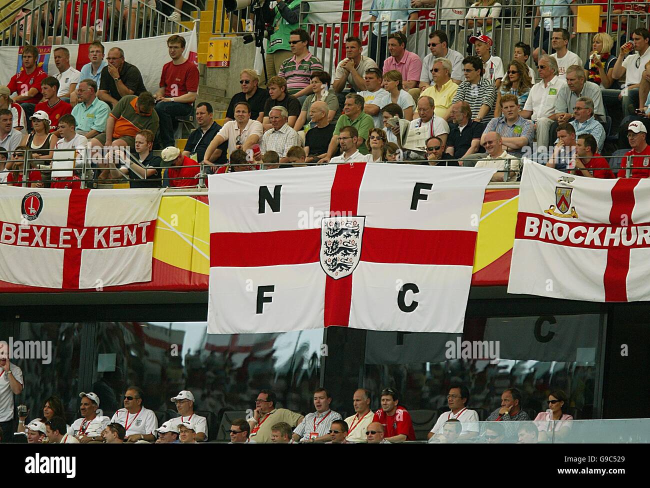 Nottingham Forest flags in the stands during the England v Paraguay game Stock Photo