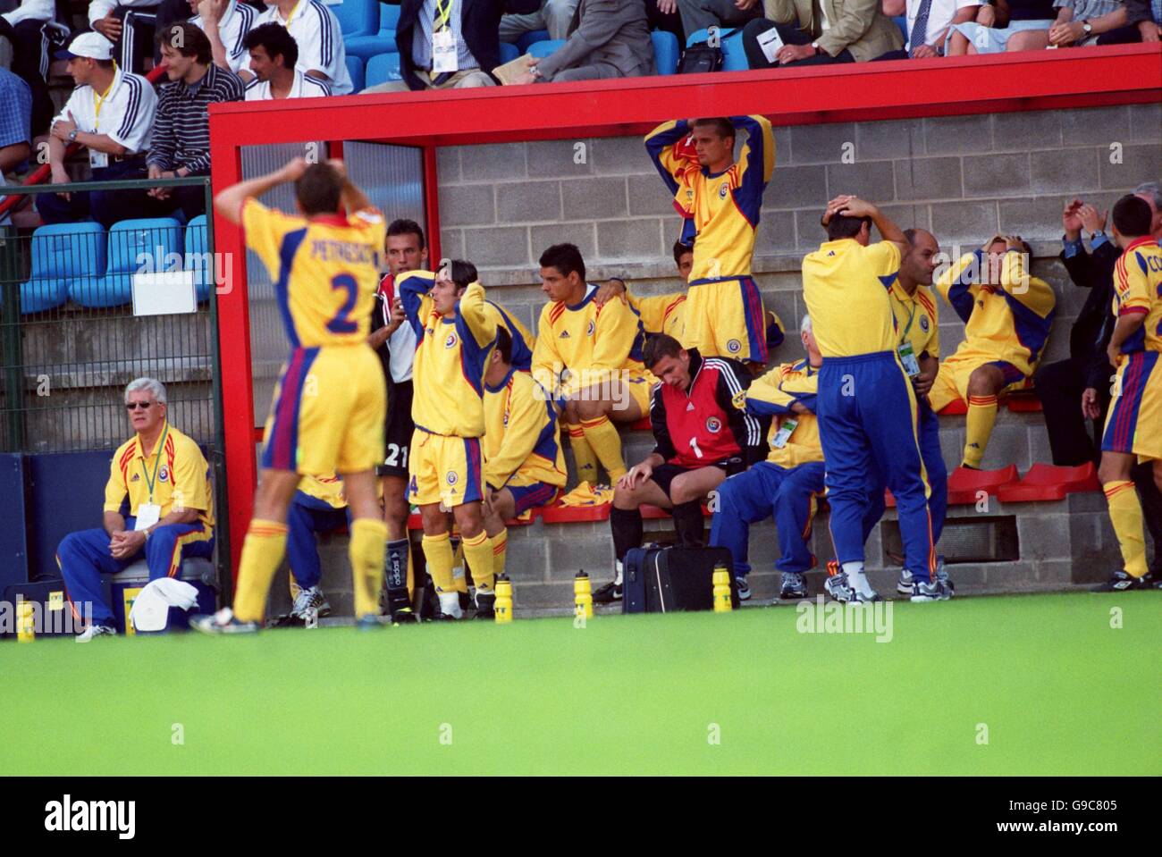 Soccer - Euro 2000 - Group C - Romania v Germany. The Romanian bench react after a miss from Viorel Moldovan Stock Photo