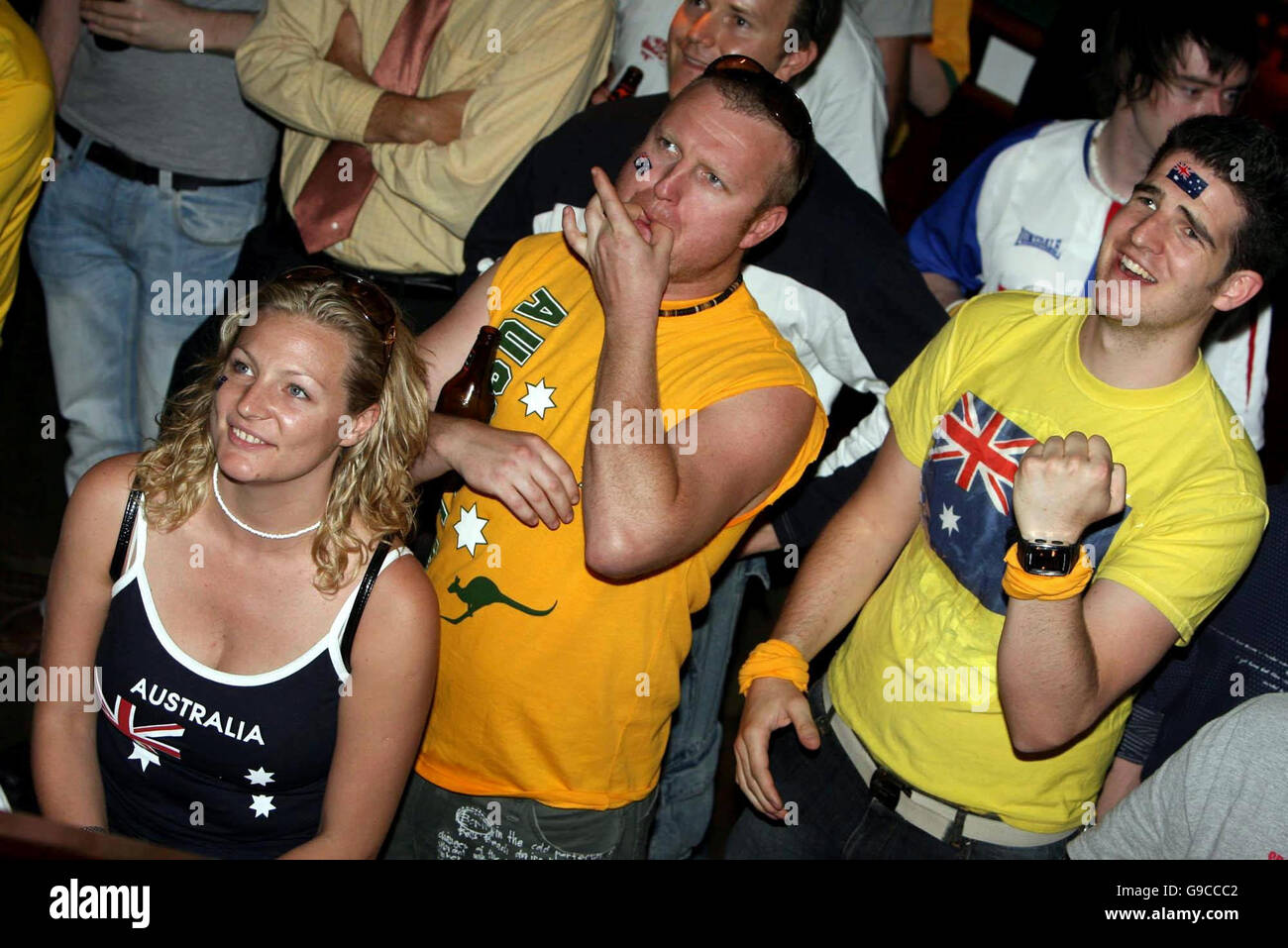 Austrailian fans cheer on their team against Japan at the Whool Shed Pub in Dublin. Stock Photo