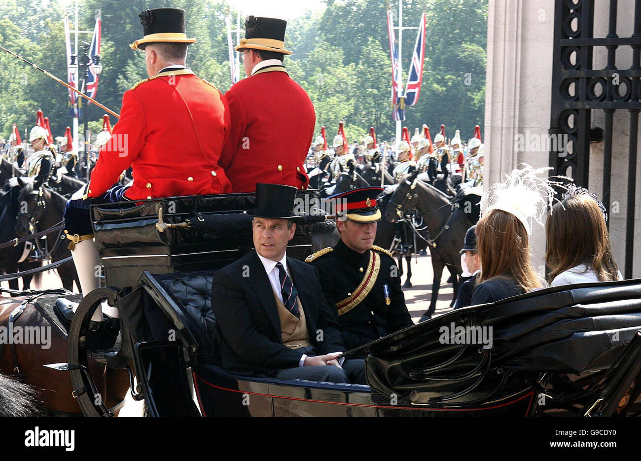 Prince Harry sits in a carriage with the Duke of York and his daughters Princess' Eugenie and Beatrice as they leave Buckingham Palace, London, to watch the annual Trooping the Colour ceremony as Britain's Queen Elizabeth II celebrates her official 80th birthday. PRESS ASSOCIATION Photo, Picture date: Saturday June 17, 2006. More than 1,100 soldiers will take part in the colourful annual display of pomp and pageantry. See PA story ROYAL Queen. Photo credit should read: Chris Young/WPA rota/PA. Stock Photo