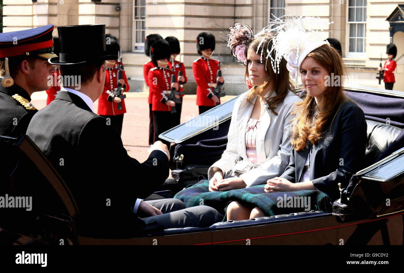 Prince Harry sits in a carriage with the Duke of York and his daughters Princess' Eugenie and Beatrice (right) as they leave Buckingham Palace, London, to watch the annual Trooping the Colour ceremony as Britain's Queen Elizabeth II celebrates her official 80th birthday. PRESS ASSOCIATION Photo, Picture date: Saturday June 17, 2006. More than 1,100 soldiers will take part in the colourful annual display of pomp and pageantry. See PA story ROYAL Queen. Photo credit should read: Chris Young/WPA rota/PA. Stock Photo