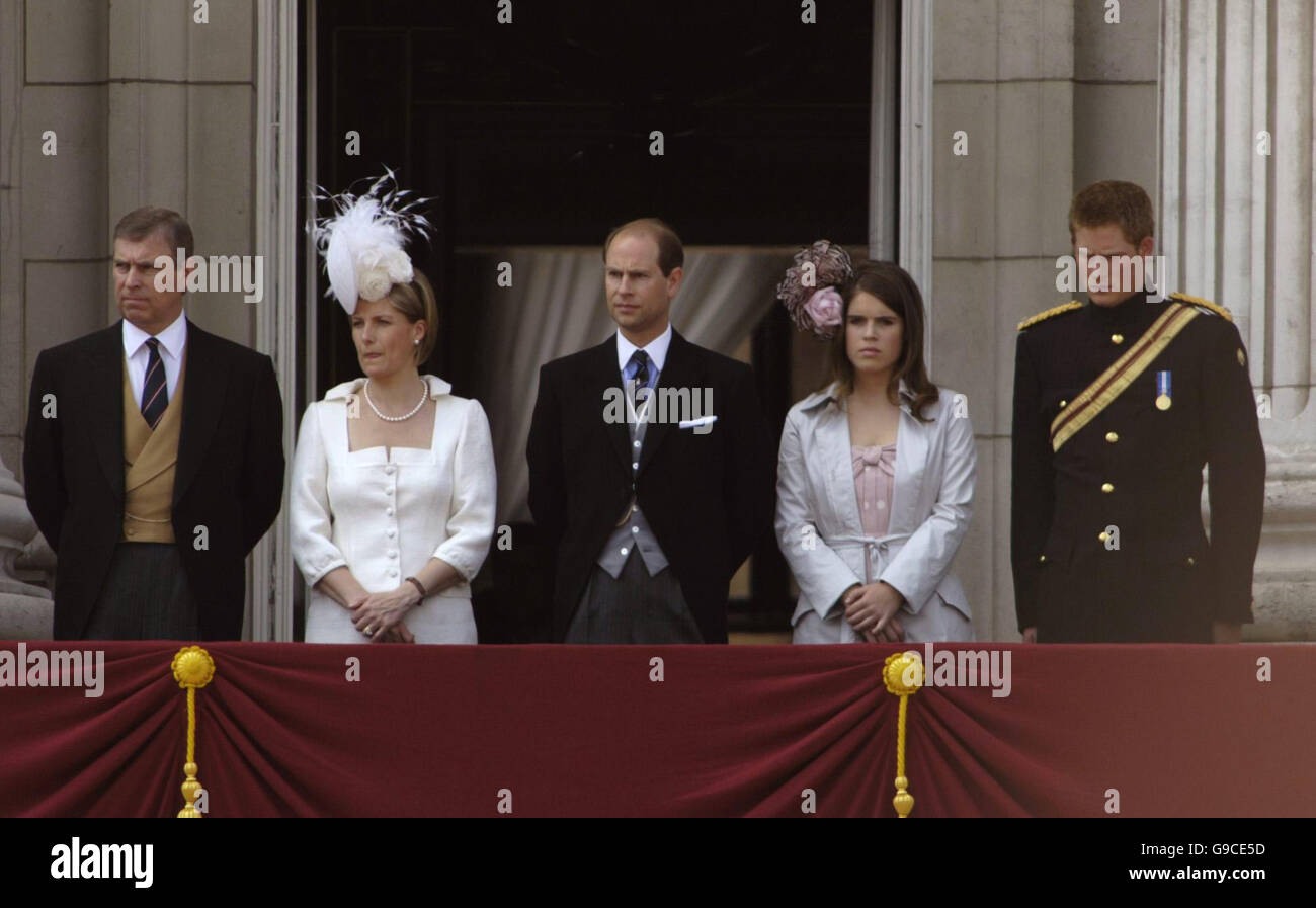 Members of the Royal Family watch from a Buckingham Palace balcony during the Trooping the Colour ceremony (left to right): Prince Andrew, the Countess of Wessex, Prince Edward, Princess Eugenie and Prince Harry. Stock Photo