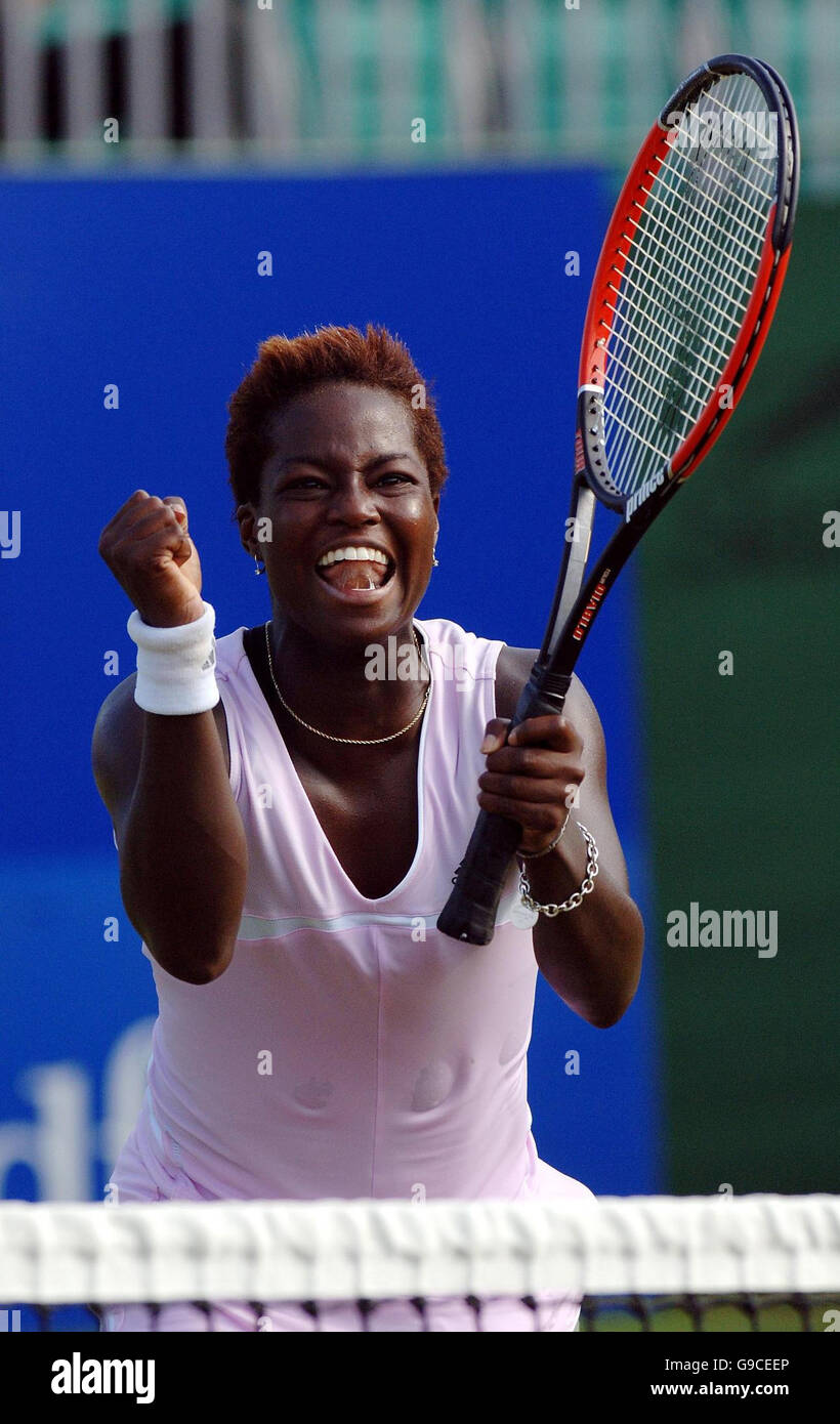 USA's Jamea Jackson reacts to her 6-4,6-4 victory over Russia's Maria Sharapova during the DFS Classic at Edgbaston Priory Club, Birmingham. Stock Photo