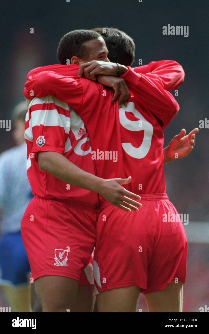 John Barnes Congratulates Scorer Ian Rush Liverpool V Manchester